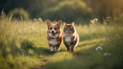 Naklejka premium Cute cat and corgi enjoying a fun day in the green meadow