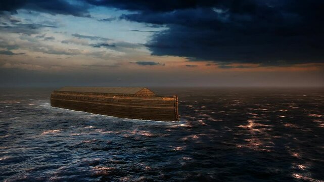 Noahs Ark in the open ocean find a land with bird over the board and taking course to the new hope