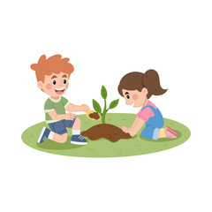 Children Planting a Tree Together - Environmental Education Illustration