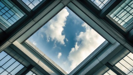 Concrete square windows with shadows and lines in an abstract interior, viewed from below looking up at a cloudy sky
