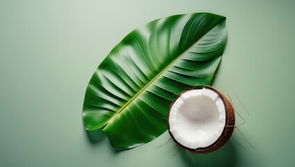 Exotic coconut and green leaf arrangement in flat lay style for tropical mockup with space for text