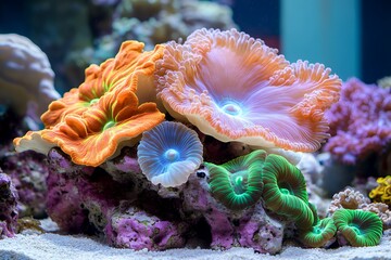 Obraz premium Vibrant coral reefs with colorful sea anemones in a marine aquarium