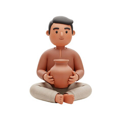 3D cartoon potter holding clay jar isolated on transparent