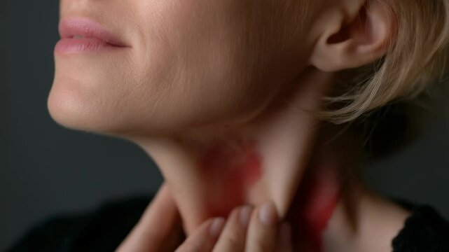 Throat discomfort: inflammation symbol, red glow, viral infection, sore sensation, thyroid issues, micro-nodules, tonsil pain, cold symptoms, health challenge, vocal distress, respiratory condition.