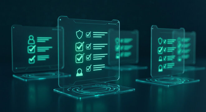Several translucent digital checklist icons with checkmarks hover above a dark teal surface, conveying compliance or task management.