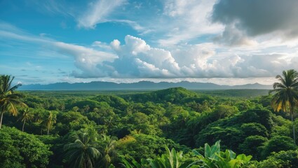 Obraz premium A serene tropical environment showcasing lush foliage, tall trees, and distant mountains under a clear blue sky with scattered clouds