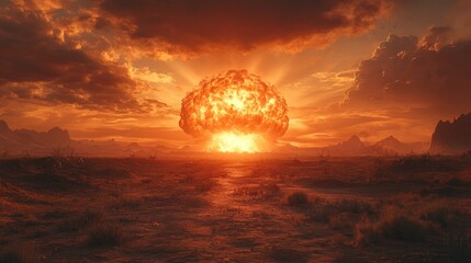 A massive explosion erupts over a desolate landscape at sunset.  Massive fiery mushroom cloud dominates the scene, illuminating a barren, dry terrain