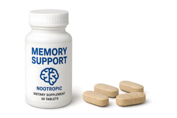 A bottle of dietary supplement labeled Memory Support with several pills beside it. Concept Dietary Supplements, Memory Support, Cognitive Health, Pills & Nutrition, Wellness Products