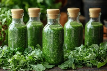 Row of green potions on wood