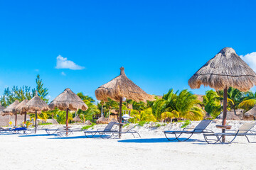 Beautiful Holbox island beach sandbank panorama palapa sun loungers Mexico.