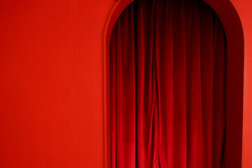 Movie Door and Closed maroon red curtain of stage,Background with red velvet curtain,Dark empty...