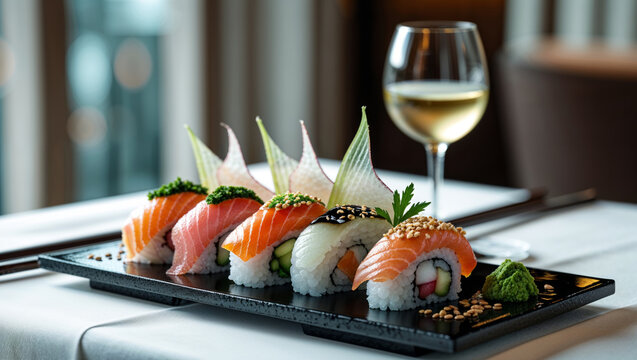 A beautifully arranged sushi platter with salmon rolls and a glass of white wine for a delightful meal.