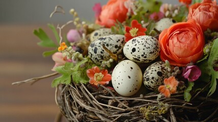 Obraz premium Close Up of Quail Eggs and Ranunculus in Bird Nest
