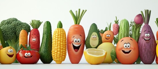 Happy cartoon fruits and vegetables.