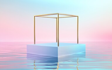 Golden frame atop pastel cube floats on serene water