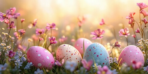 Colorful Easter eggs resting among blooming flowers in a sunny garden during springtime