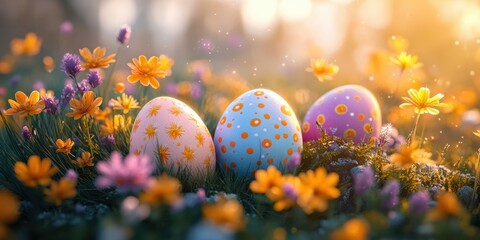 Fototapeta premium Colorful decorated eggs nestled among vibrant spring flowers during a sunny afternoon in a garden setting