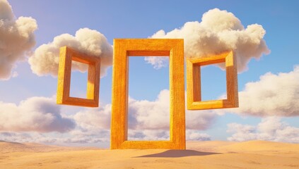 Golden frames float amidst clouds in a desert