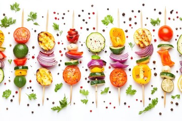 Obraz premium Grilled Vegetable Skewers on White Background Flat Lay Overhead View Delicious Healthy Food Presentation