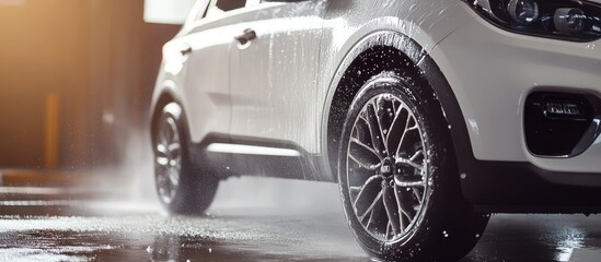 White SUV being washed at a car wash.