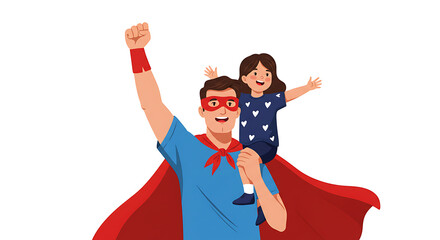 Superhero father carrying daughter on shoulders, flat illustration vector for family concepts, Father's Day, parenting themes, and social media