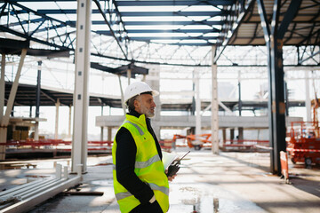 Fototapeta premium Construction foreman giving instructions over radio during building inspection.