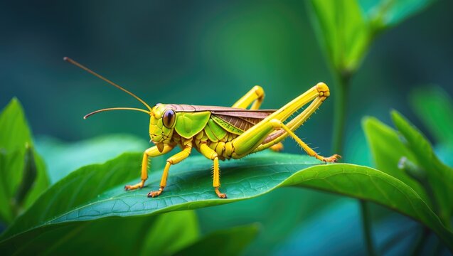 Macro image of a green insect with antennae on a leaf in a summer garden setting
