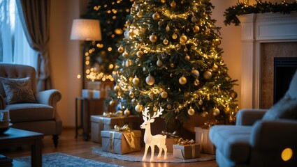 Decorative Christmas tree with garlands, balls, and gifts inside a fashionable living room featuring a fireplace and a deer figurine