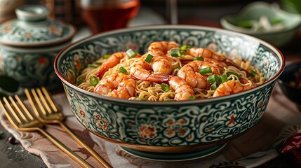Delicious Shrimp Noodles in Ornate Bowl Asian Cuisine Food