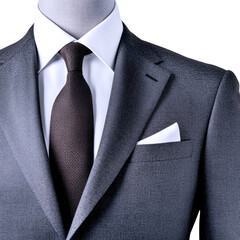 Close up shot of a gray suit with a textured brown tie and white pocket square