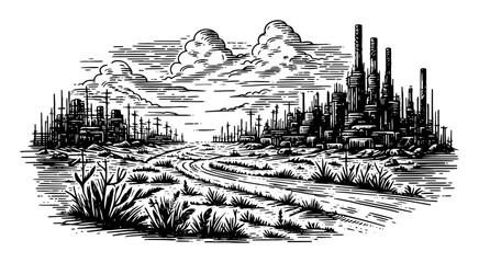 industrial landscape with smokestacks in black and white vector style