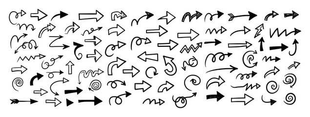 hand drawn arrow icon set in sketchy black and white outline style