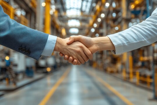Two people completing a handshake in a large industrial space