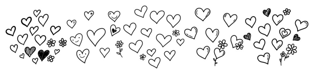 hand drawn heart doodles border in black and white outline style
