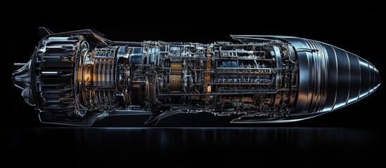 Jet engine cutaway, revealing intricate internal components and mechanisms.