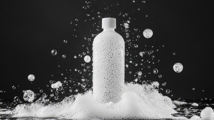 White plastic bottle in foam, bubbles, splash.