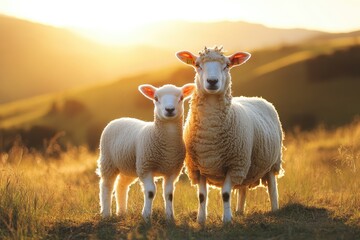 Obraz premium Two sheep standing together in a field at golden hour