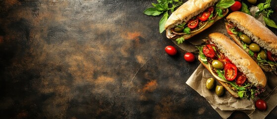 Delicious baguette sandwiches with fresh tomatoes olives and basil on rustic background top view food photography