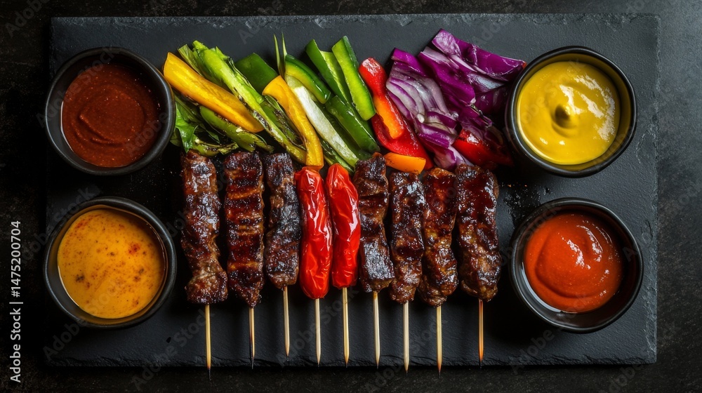 Poster a top-down view of yakitori skewers served on a black slate plate, accompanied by colorful dipping s