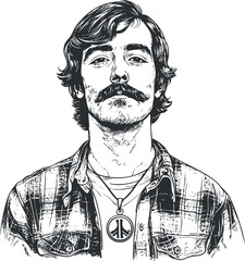 Black and white detailed illustration of a young man with mustache wearing a peace necklace and plaid shirt