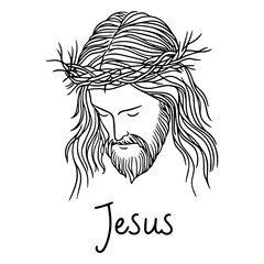 jesus portrait with crown of thorns in minimal black and white line style