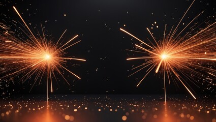 Obraz premium Black background with sparkler, fireworks, and celebration lights, complemented by glowing dust, confetti, and glitter textures for design projects