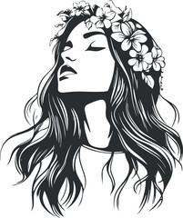 Black and white illustration of a serene woman wearing a flower crown with long flowing hair and closed eyes.