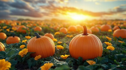 Pumpkins field at sunset