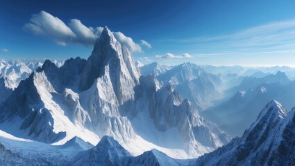 Obraz premium Majestic peaks ascend into the blue sky, featuring rugged terrain and snow-dusted summits.