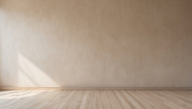 Modern beige wall background featuring decorative baseboard in a simple home setting