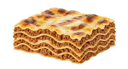 Delicious Baked Lasagna with Cheese and Meat Layers on White Background, Classic Italian Lasagna with Minced Beef and Cheese on white background, Authentic Meat Lasagna with Melted Cheese Topping