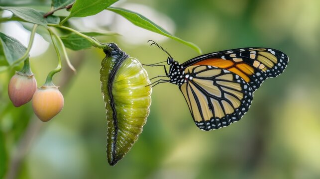 Emerging monarch butterfly from chrysalis.