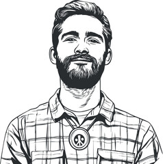 Illustration of a confident young man with beard wearing plaid shirt and peace symbol necklace