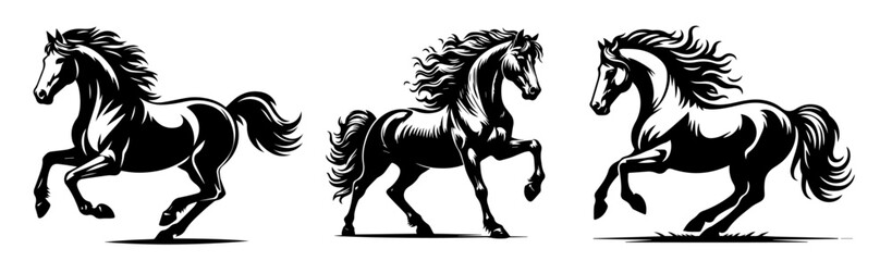 running horses illustration in dynamic vintage black and white vector